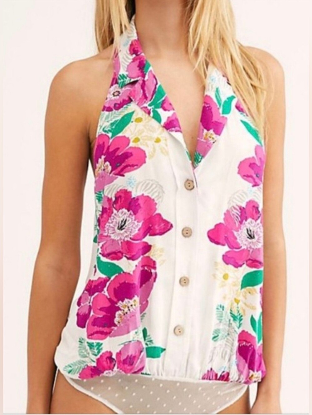 Free People Intimately NWOT Offshore Floral Button-Down Halter Bodysuit